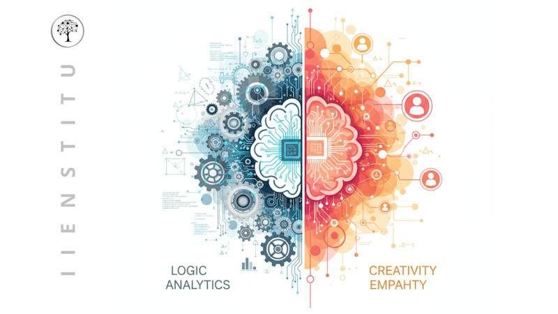 Split-brain graphic—left with gears and formulas for IQ, right with connected people nodes for emotional intelligence.