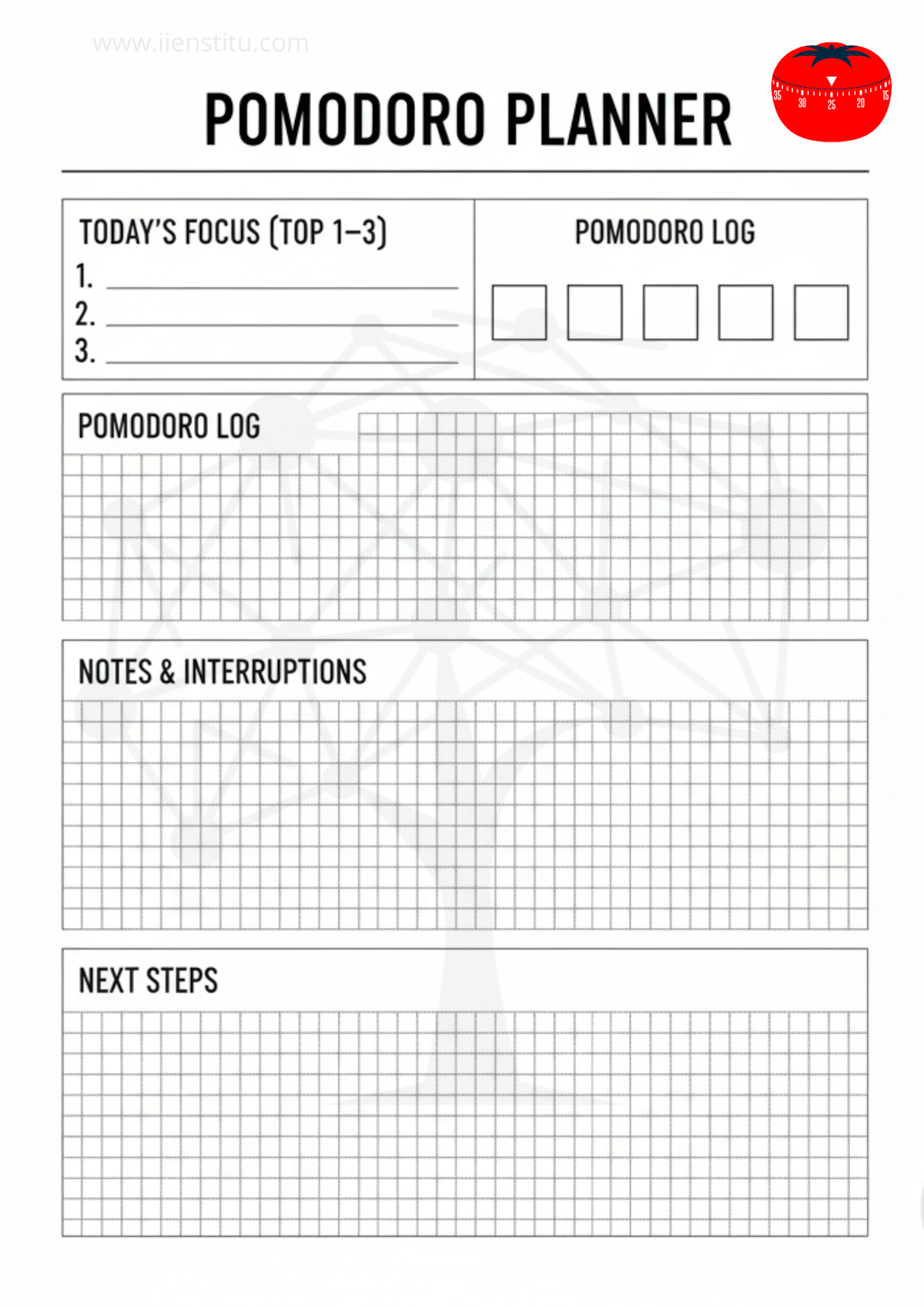 Printable Pomodoro planner with areas for today’s priorities, four Pomodoro checkboxes, notes and interruptions, and end-of-day next steps.