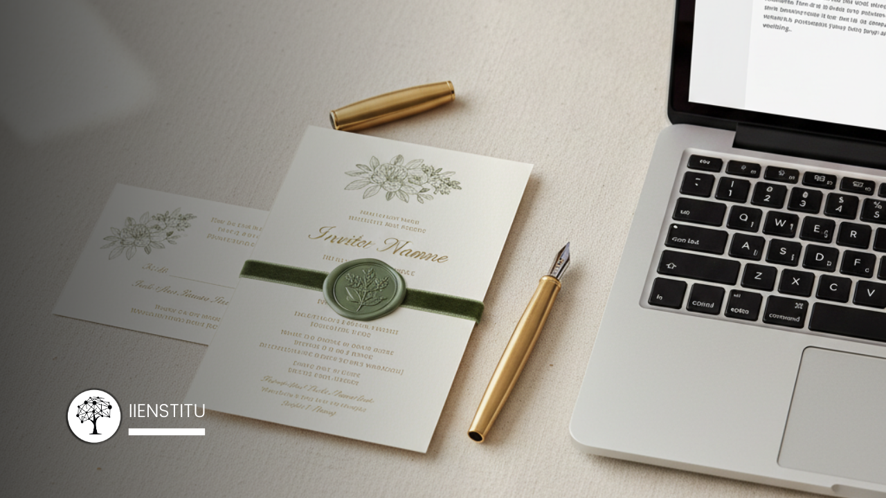 Formal invitation with wax seal and RSVP card next to a laptop showing an “Invitation Acceptance” email, with a fountain pen on a linen background.