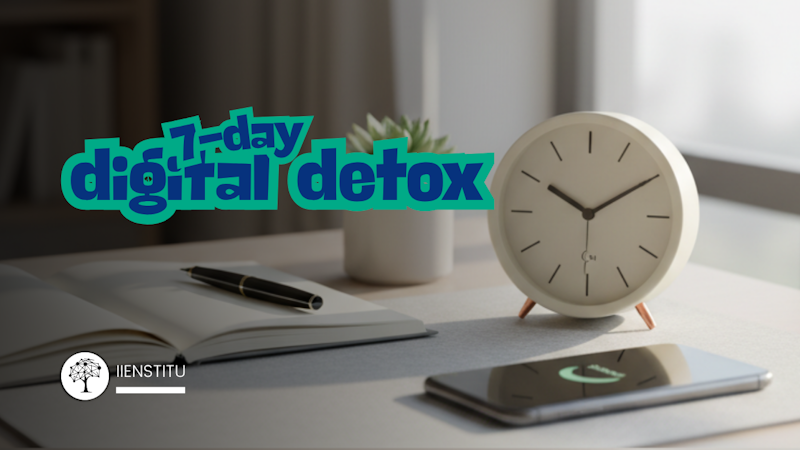 Minimalist morning desk with phone face-down on Do Not Disturb, analog clock, open notebook, and small plant—calm scene suggesting a digital detox.