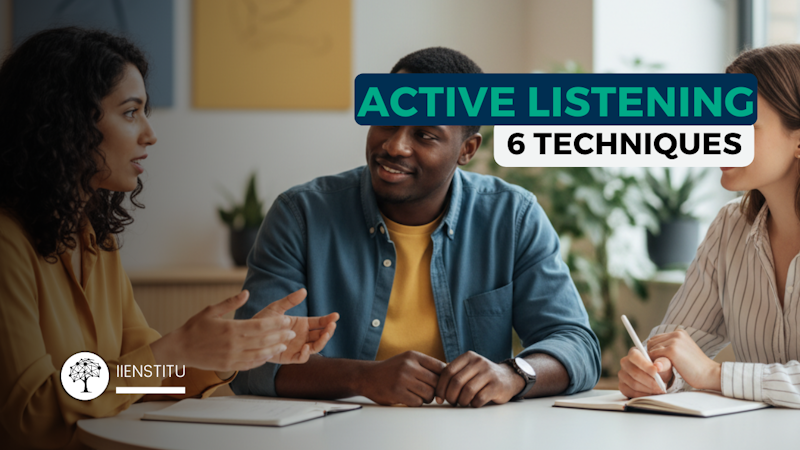 A manager practicing active listening with two team members in a collaborative meeting.