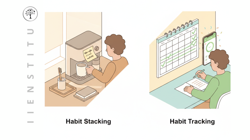 Split-screen illustration of habit stacking vs habit tracking: left, a person brews coffee beside a sticky note reading “After coffee → 1-min meditate”; right, they check off today on a wall calendar and phone app streak.