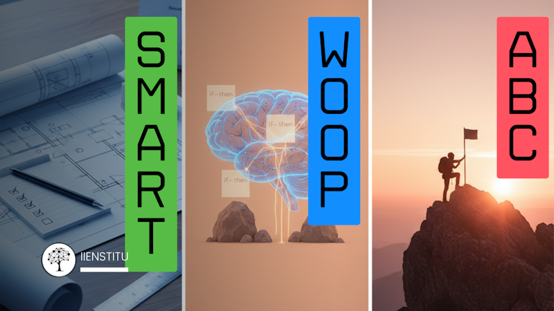 Triptych hero showing SMART as a blueprint desk, WOOP as a brain with “if–then” pathways around obstacles, and ABC as a climber planting a flag on a summit.
