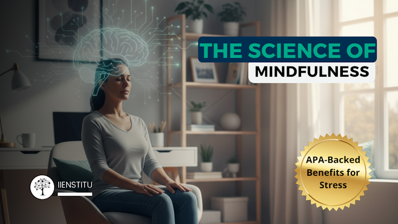 Calm person practicing mindful breathing by a sunlit window, with a subtle brain overlay symbolizing science-backed mindfulness meditation benefits.