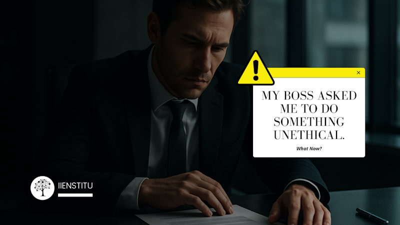 A professional sits at their office desk with a look of concern, contemplating an unethical request from their boss represented by a document in front of them.