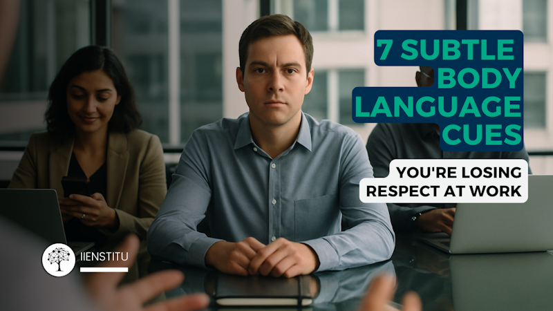 Colleagues in a meeting display subtle body language signs of disrespect: one avoids eye contact, another smirks at their phone, and a third types on a laptop, ignoring the speaker.