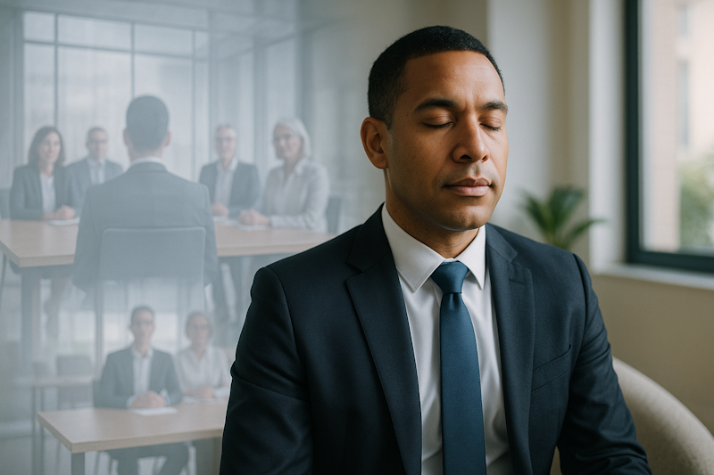 Professional in business attire sitting calmly, eyes closed, practicing mental rehearsal for a job interview. A translucent visualization of a successful interview setting is softly overlaid, symbolizing inner confidence and preparation over faking it.