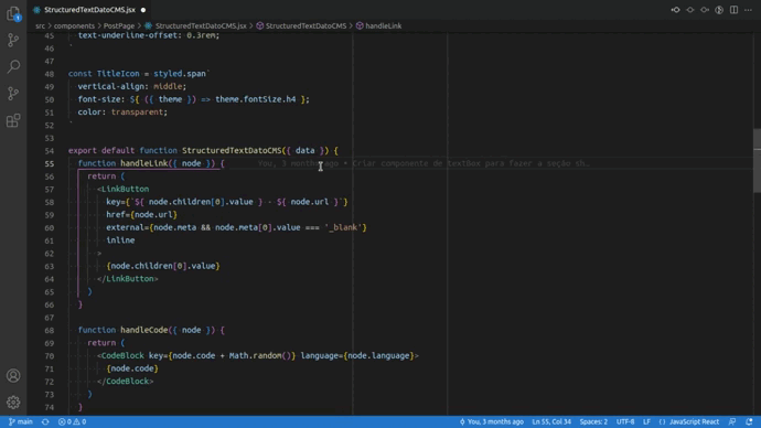 Animação mostrando o atalho VS Code de recolher e expandir um bloco de código