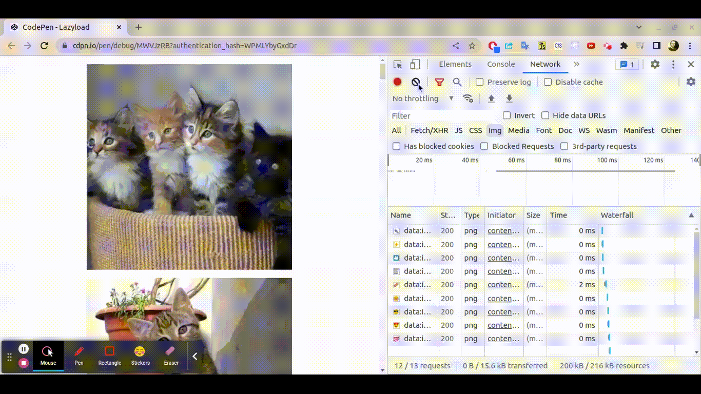 Animação mostrando todas as imagens sendo baixadas logo no carregamento da página, ou seja, sem o atributo loading="lazy"