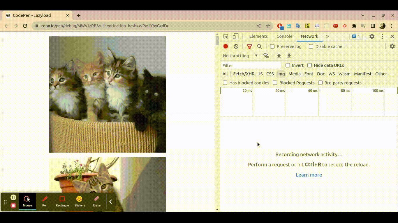 Animação mostrando que as imagens são baixadas apenas quando se aproximam da área de visualização, ou seja, com o atributo loading="lazy"