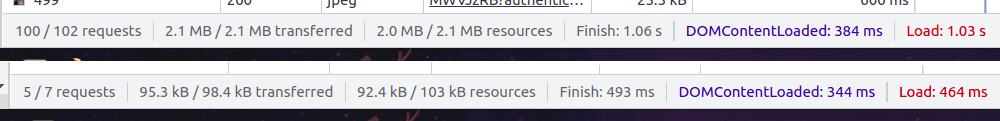Print mostrando que um site com o atributo loading="lazy" faz menor requests no início, baixa menos dados e carrega mais rápido