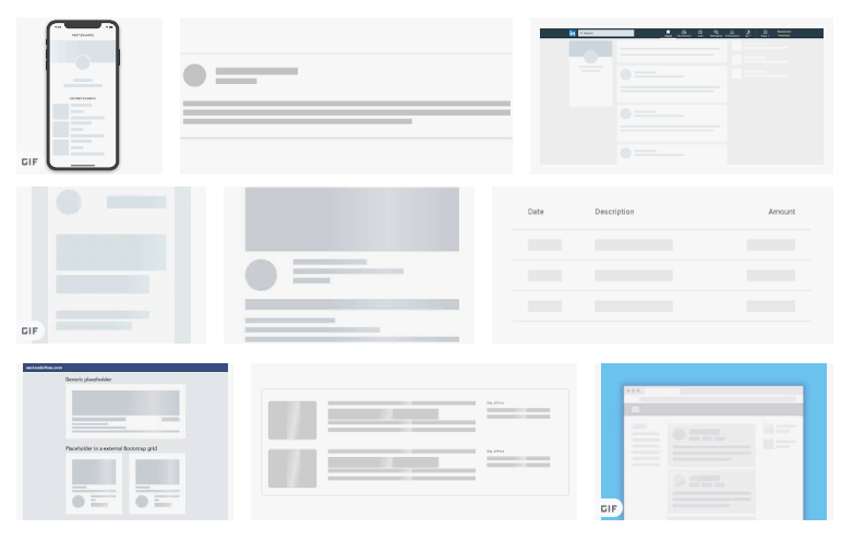 Exemplos de Skeleton placeholder, um fundo cinza com uma animação de loading