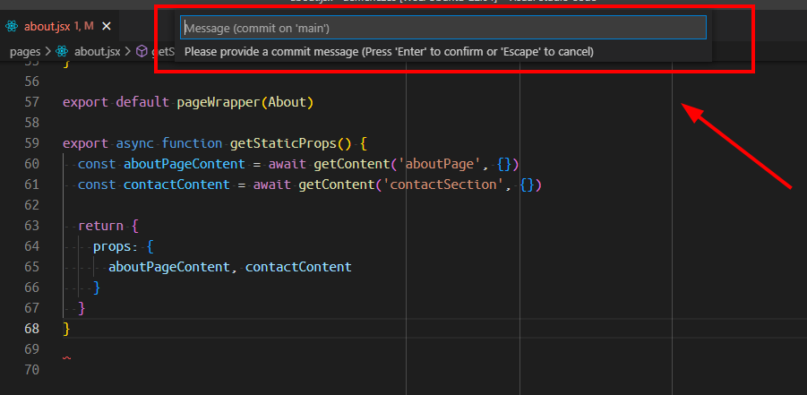 Campo de texto do VS Code para digitar a mensagem de commit