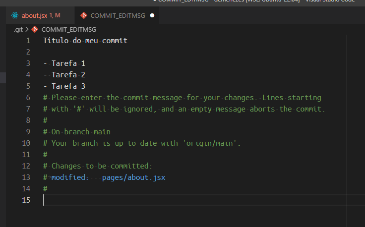 Amostra de uma mensagem de commit sendo escrita em uma aba do VS Code