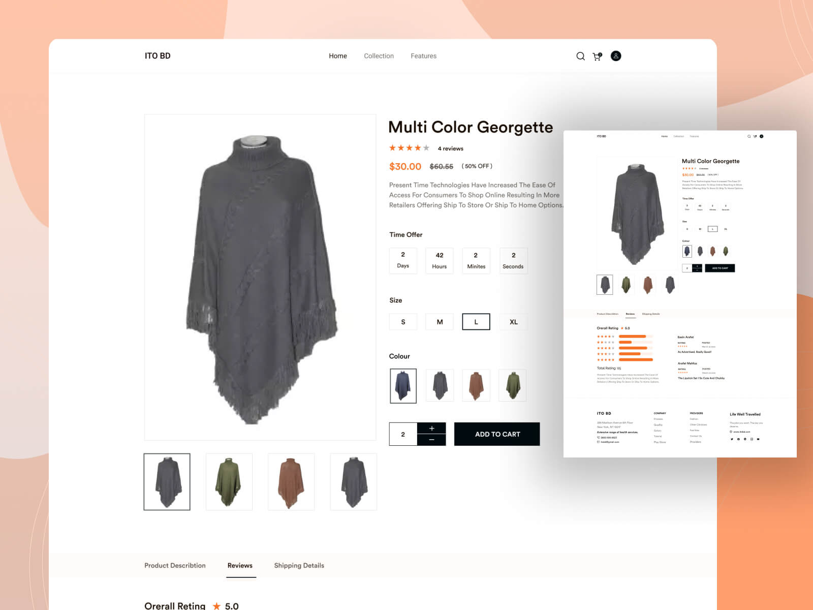 página de produto de um ecommerce, à esquerda mostra a foto de destaque do produto que é uma roupa, e à direita 4 miniaturas com cores diferentes do produto