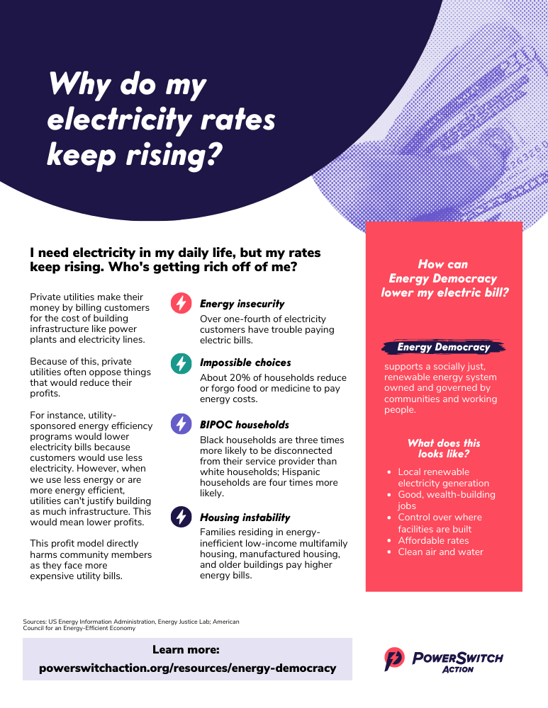 Energy Democracy factsheet cover: Why do my electricity rates keep rising?