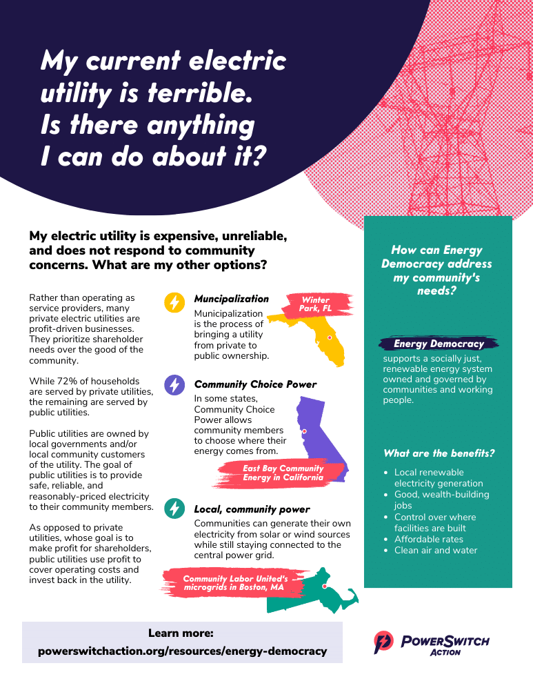 Energy Democracy factsheet cover: My current electric utility is terrible. Is there anything I can do about it?