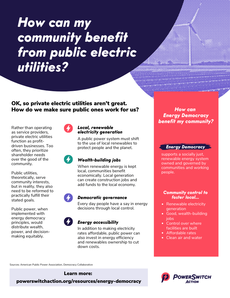 Energy Democracy factsheet cover: How can my community benefit from public electric utilities?