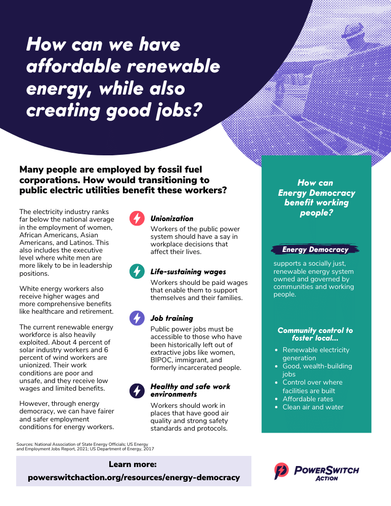 Energy Democracy factsheet cover: How can we have affordable renewable energy, while also creating good jobs?