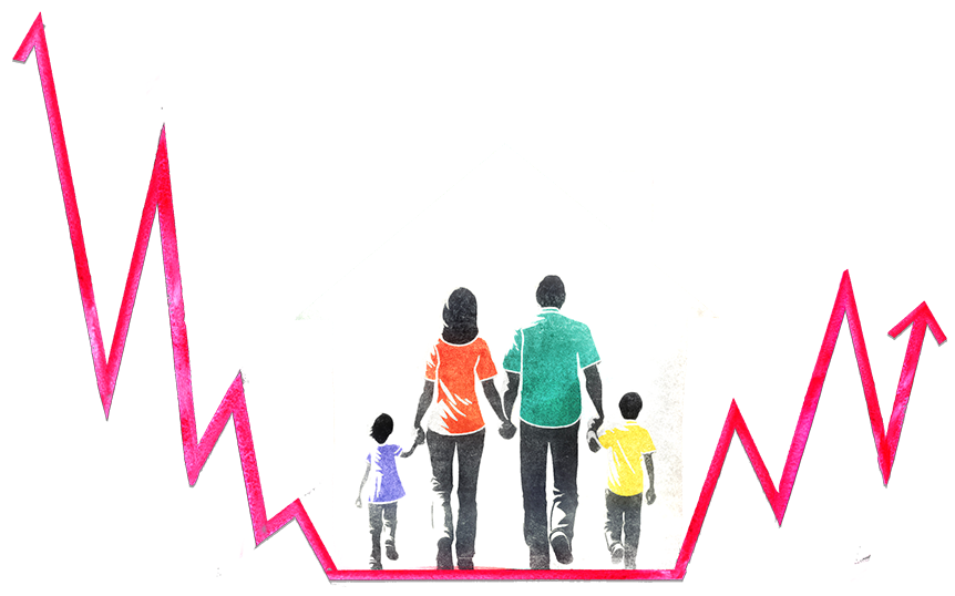 An illustration of a family walking towards a house, surrounded by a trend line representing rent prices