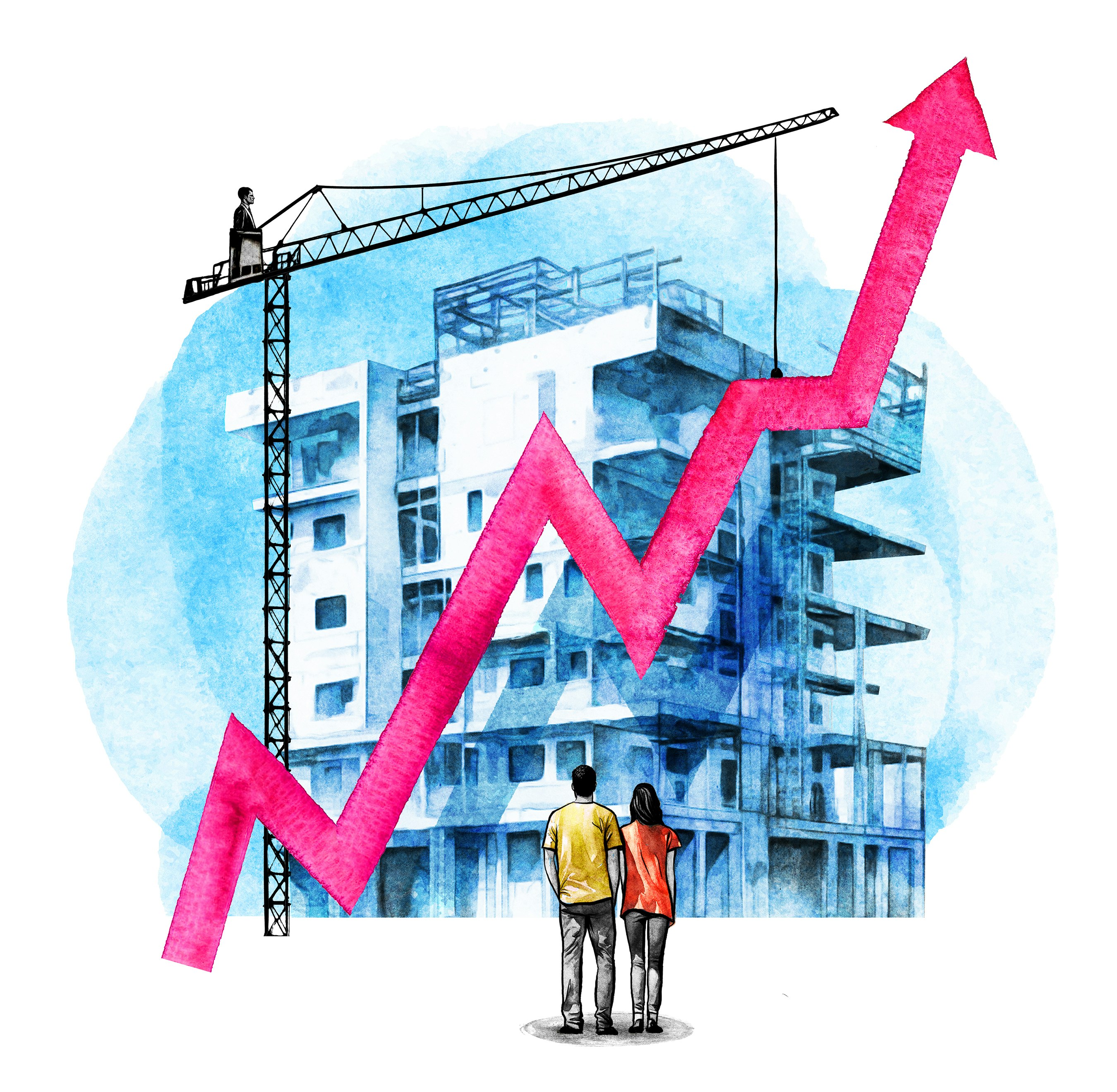 Illustration of a couple walking towards an apartment building, with a trend line showing rising rents