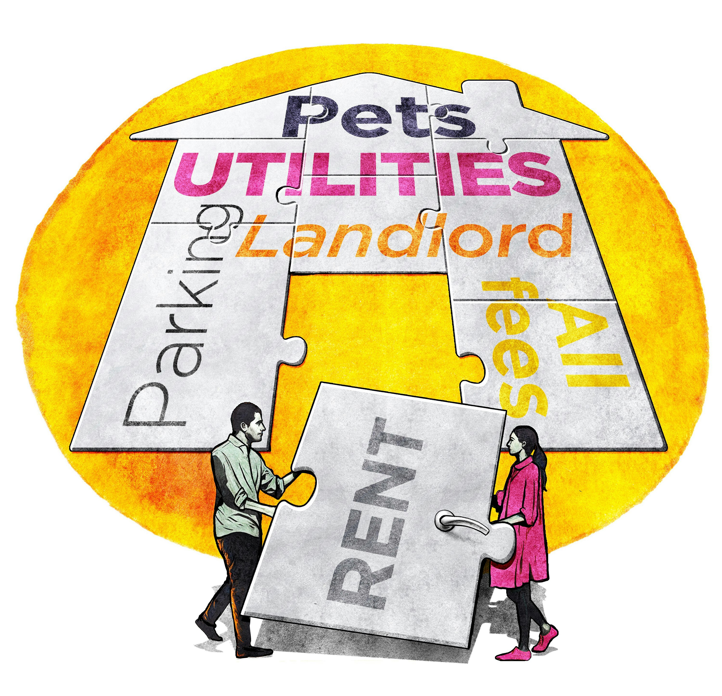 Illustration of a puzzle in the shape of a house, with each piece representing different fees like rent, parking, and utilities