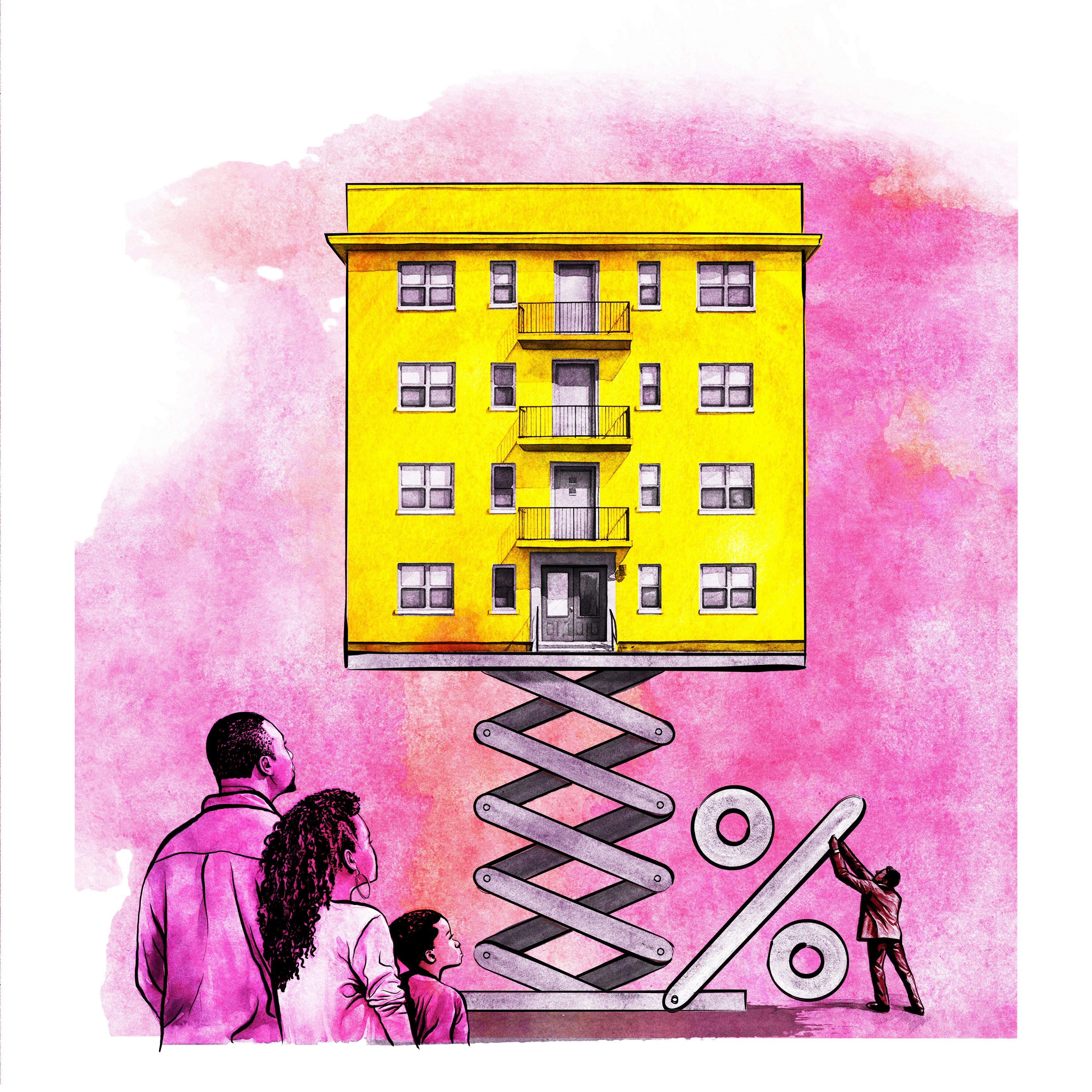 Illustration of a car jack raising up an apartment building