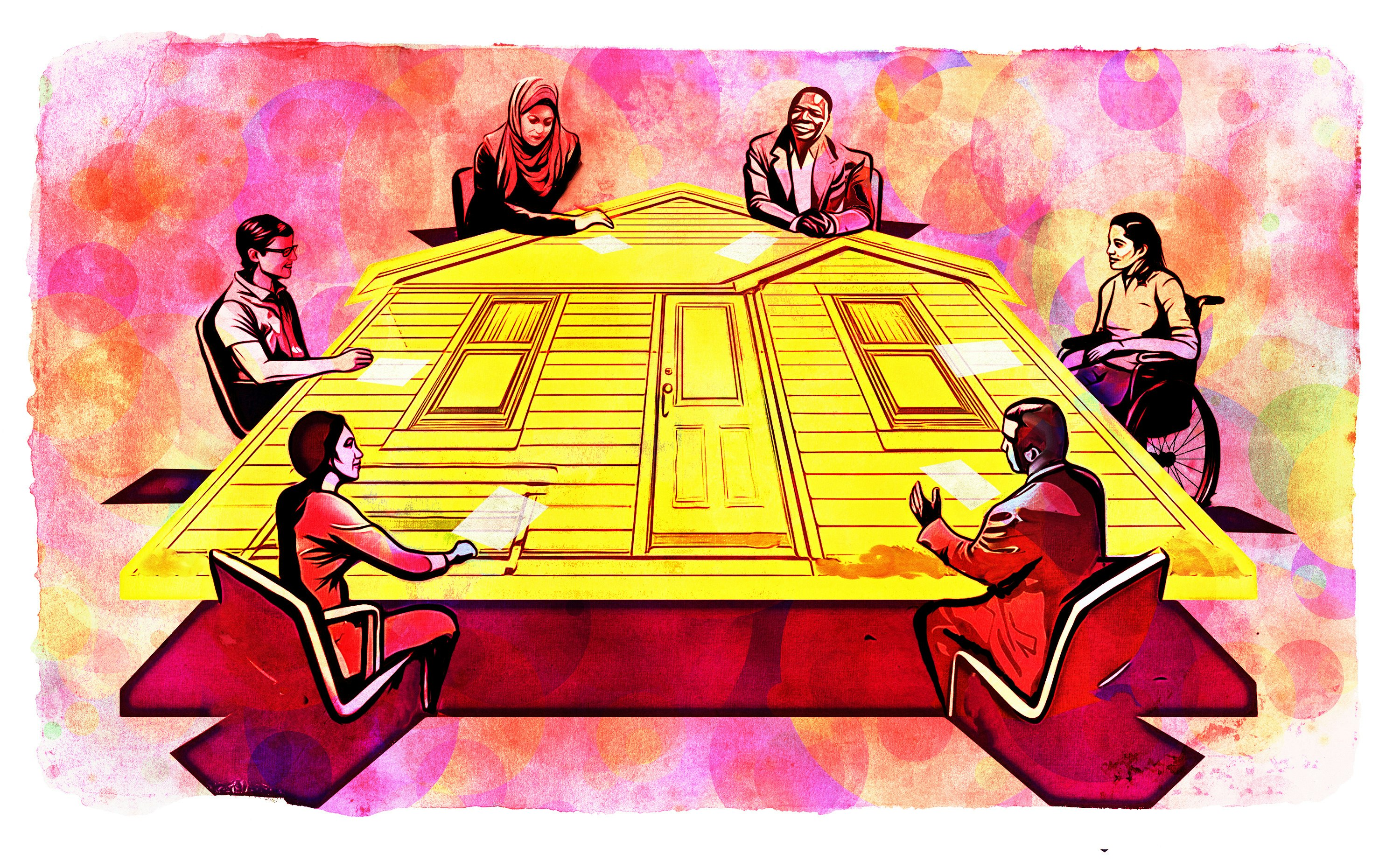 Illustration of a group of people meeting around a table shaped like a house