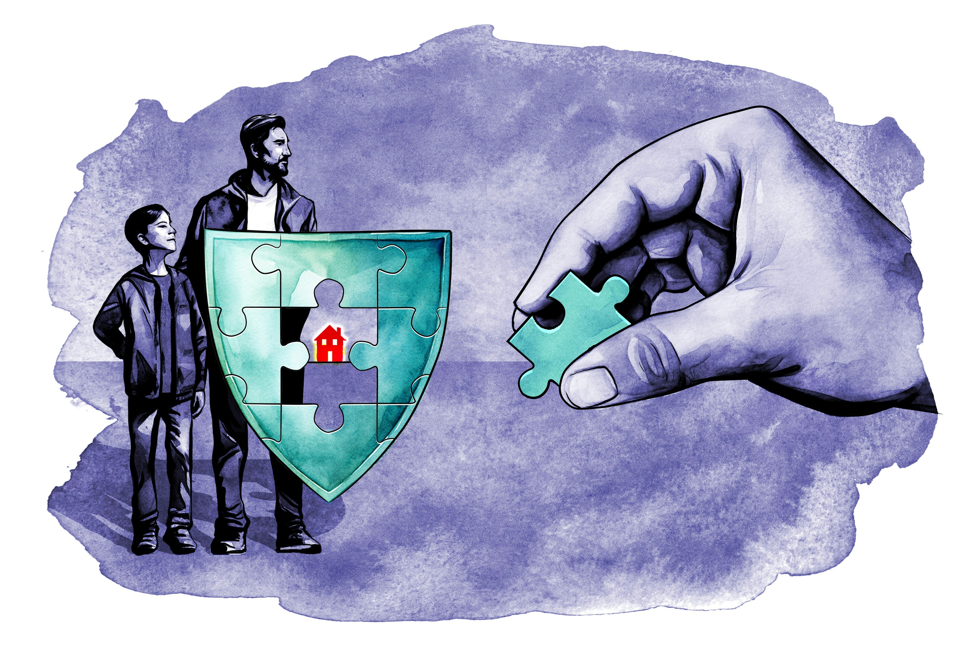 Illustration of a father and son standing behind a shield, with a hand adding a missing piece to the shield