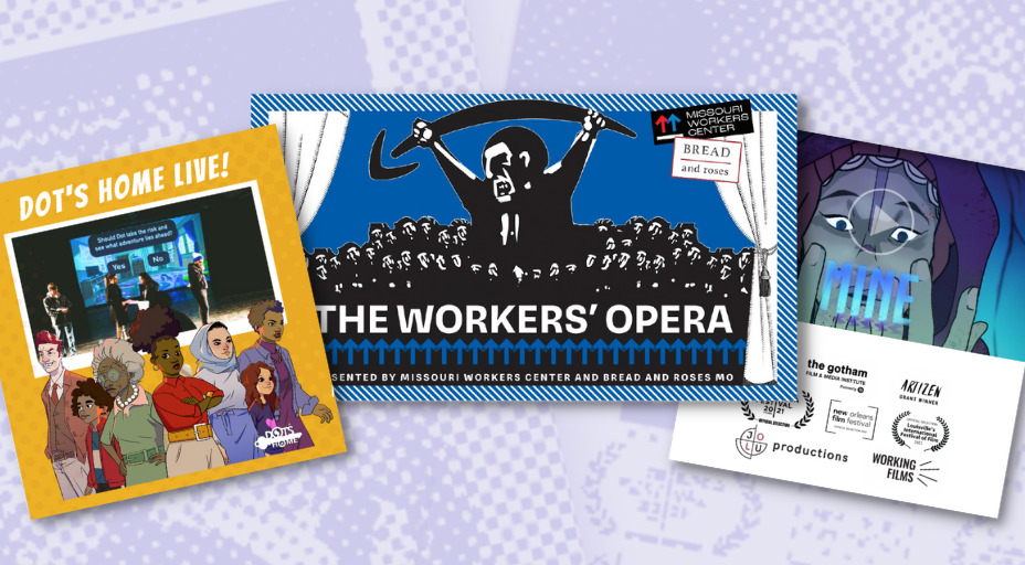 Three posters arranged in a fan layout: Dot's Home Live, The Workers' Opera, and MINE.