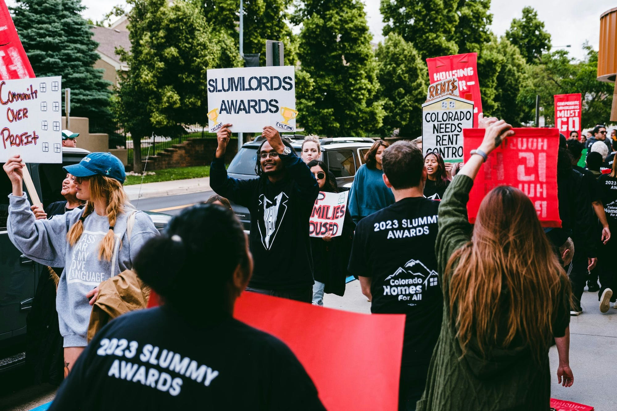 Renters and allies at UNE's Slummys anti-awards ceremony for corporate landlords in June 2023