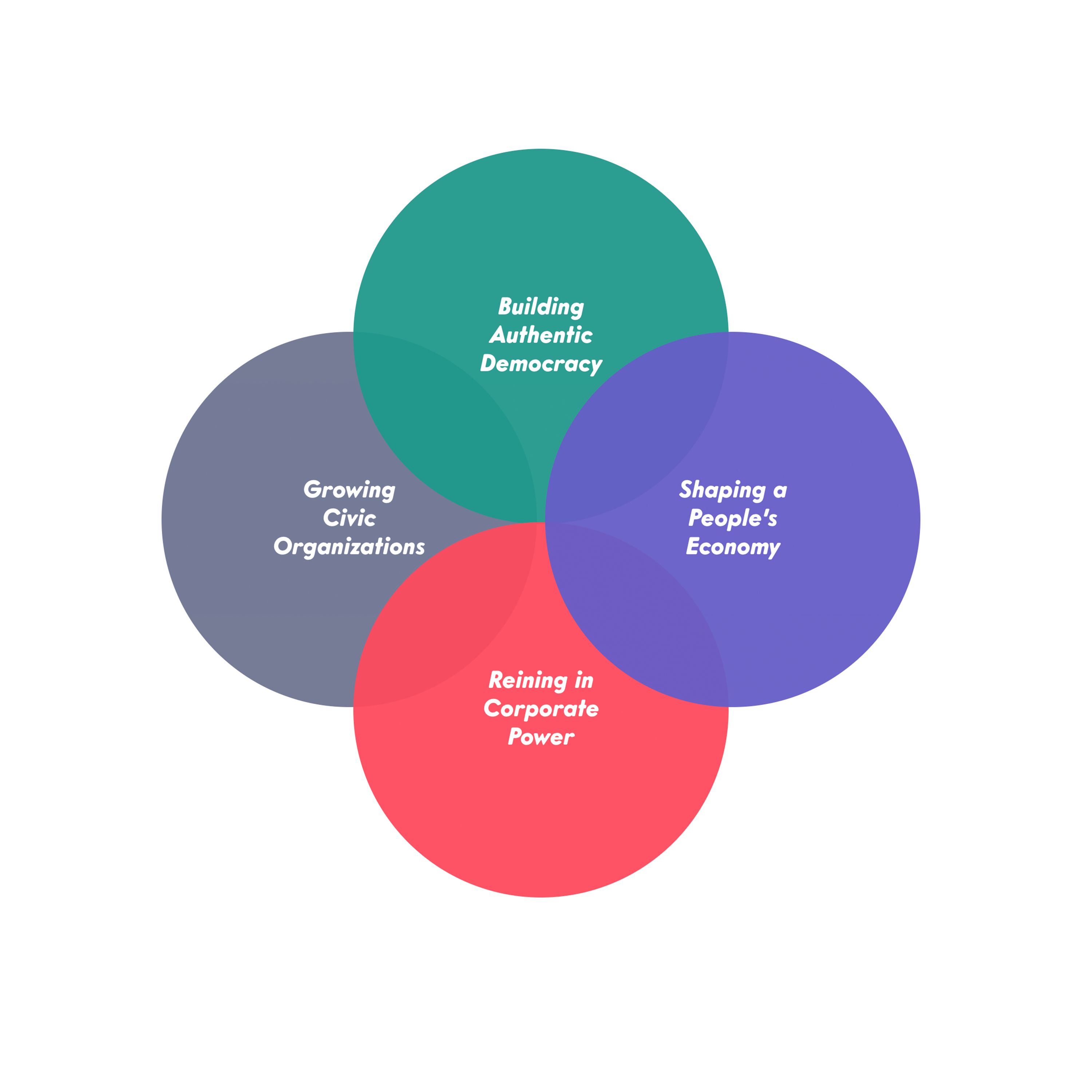 Four concentric circles that say Building Authentic Democracy, Shaping a People's Economy, Reigning in Corporate Power and Growing Civic Organizations.