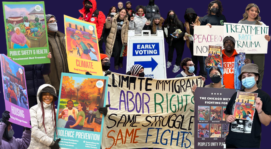 Collage of Grassroots Collaborative members and supporters holding various signs, banners, and resources related to climate justice, People's Unity Platform demands, and voter registration.