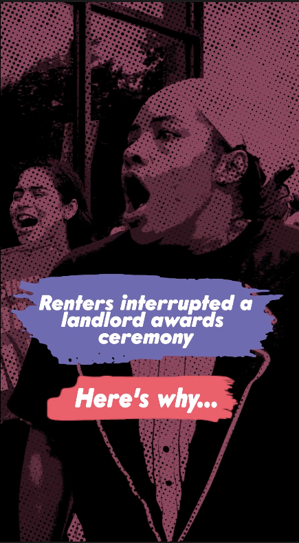 Scene from UNE's Slummys action, with text overlayed that reads: "Renters interrupted a landlord awards ceremony. Here's why..."