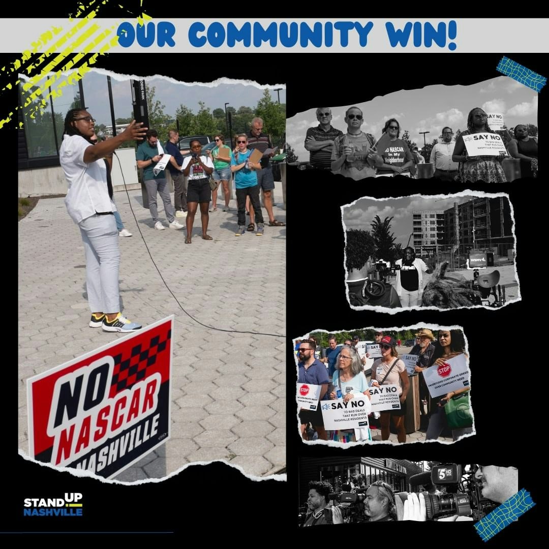 Collage of SUN members and allies rallying against NASCAR's racetrack expansion plan. Text reads: "our community win!"