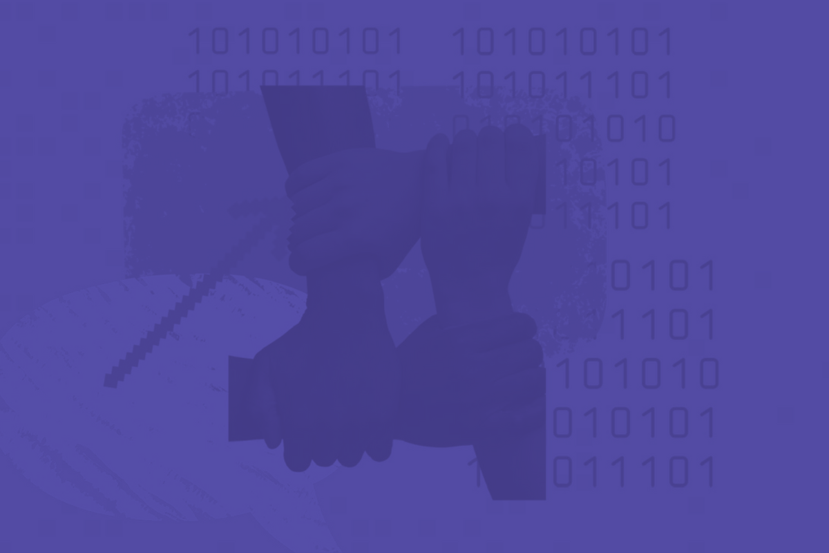 Stylizing image of interlocking arms against a purple backdrop of digital ones and zeros