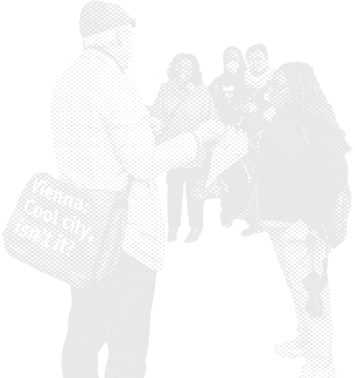Stylized photo of members of our social housing delegation speaking with a city planner in Vienna