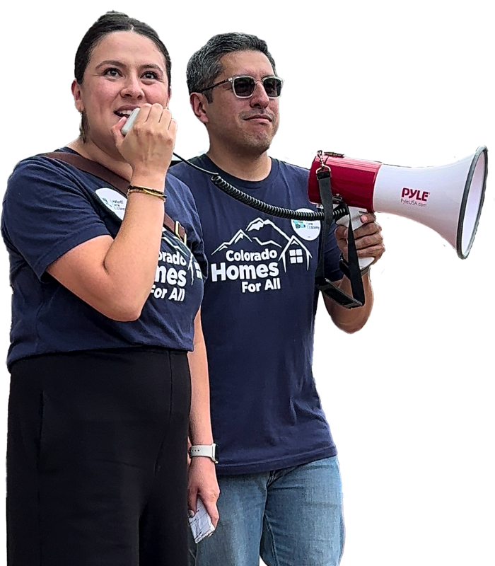 Leaders with UNE Colorado speak on a megaphone