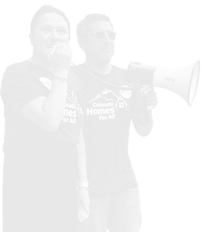 Stylized photo of leaders with UNE Colorado speaking on a megaphone