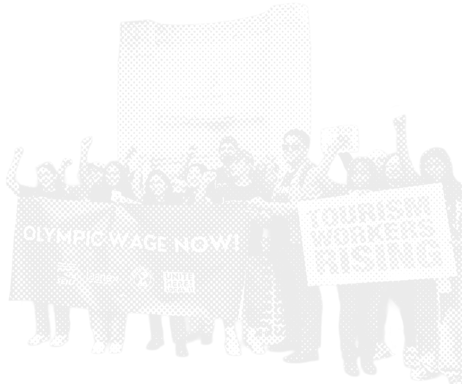 Stylized image of a group of people in front of the Los Angeles Coliseum holding a banner reading "Olympic Wage Now!"