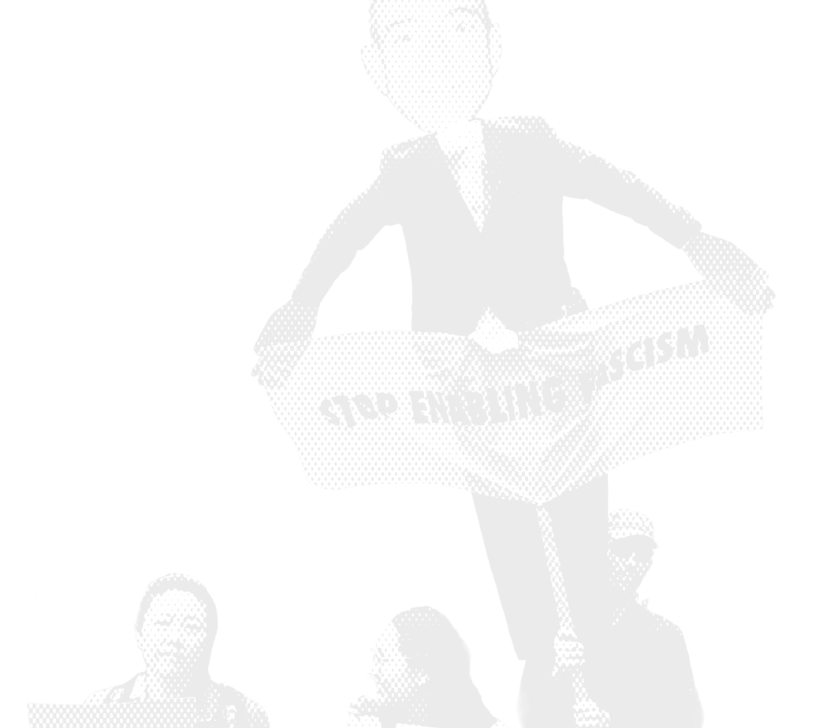 Stylized image of people carrying a giant Jeff Bezos puppet with a banner that reads "stop enabling fascism"