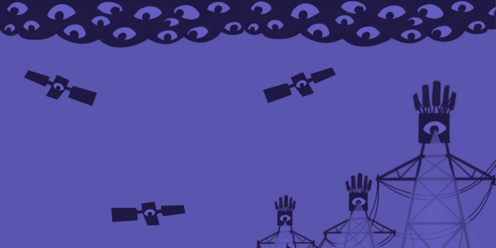 Duotone image of eyes on satellites and power poles staring down at you. Art by Marc Ngui.