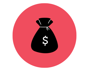 An icon with a black money bag against a red circle