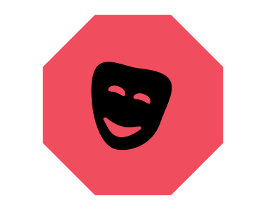 An icon with a black theater mask against a red stop sign shape