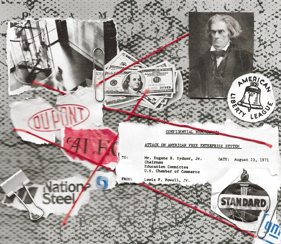 A collage of elements set against a textured old US map, with red string connecting elements: a pile of money, a historical image of John Calhoun, logos of the American Liberty Leage, ALEC, Standard Oil, National Steel, General Motors, DuPont; torn shreds of the Powell Memo