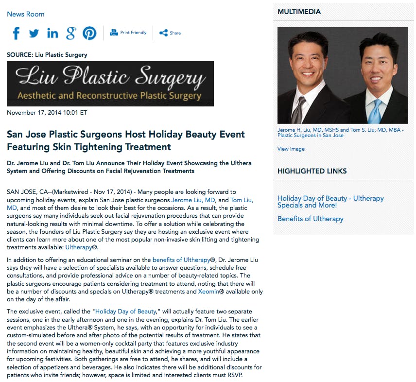 Dr. Jerome Liu, Dr. Tom Liu, Ultherapy, benefits of Ultherapy, Xeomin, Holiday Day of Beauty, Liu Plastic Surgery