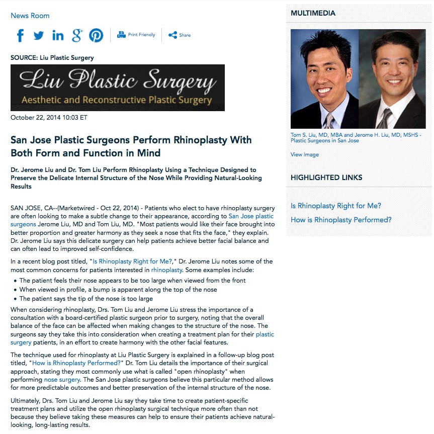 San Jose plastic surgeons, rhinoplasty, plastic surgery, nose surgery, Dr. Jerome Liu, Dr. Tom Liu