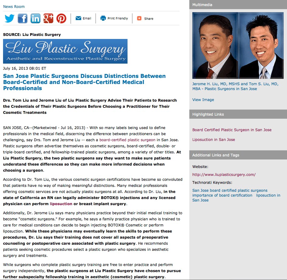 board-certified plastic surgeon, liposuction, San Jose plastic surgery, Dr. Tom Liu, Dr. Jerome Liu