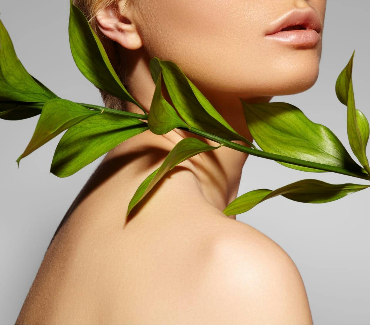 womans shoulder, neck, and chin with a plant infront of her neck