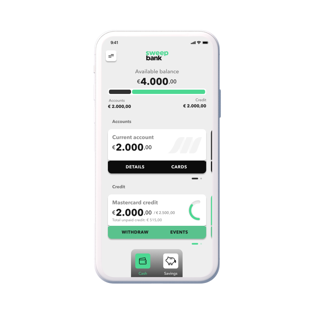 Sweep Bank x Supercharge case study - main screen